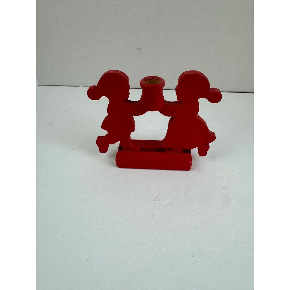 Vintage Swedish Wood Candle Holder Red Boy Girl Silhouette with Lenox Candles